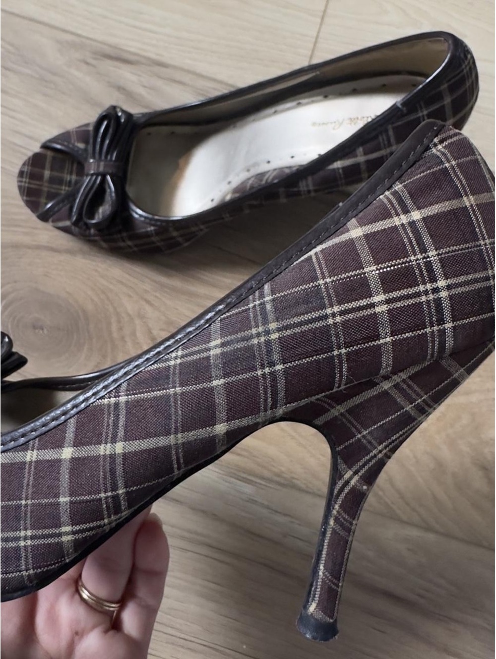 Brown Plaid Peep Toe Heels - Picture 4 of 4